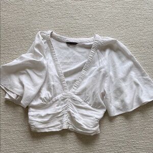 Zara White V-Neck Flutter Sleeve Rouched Top